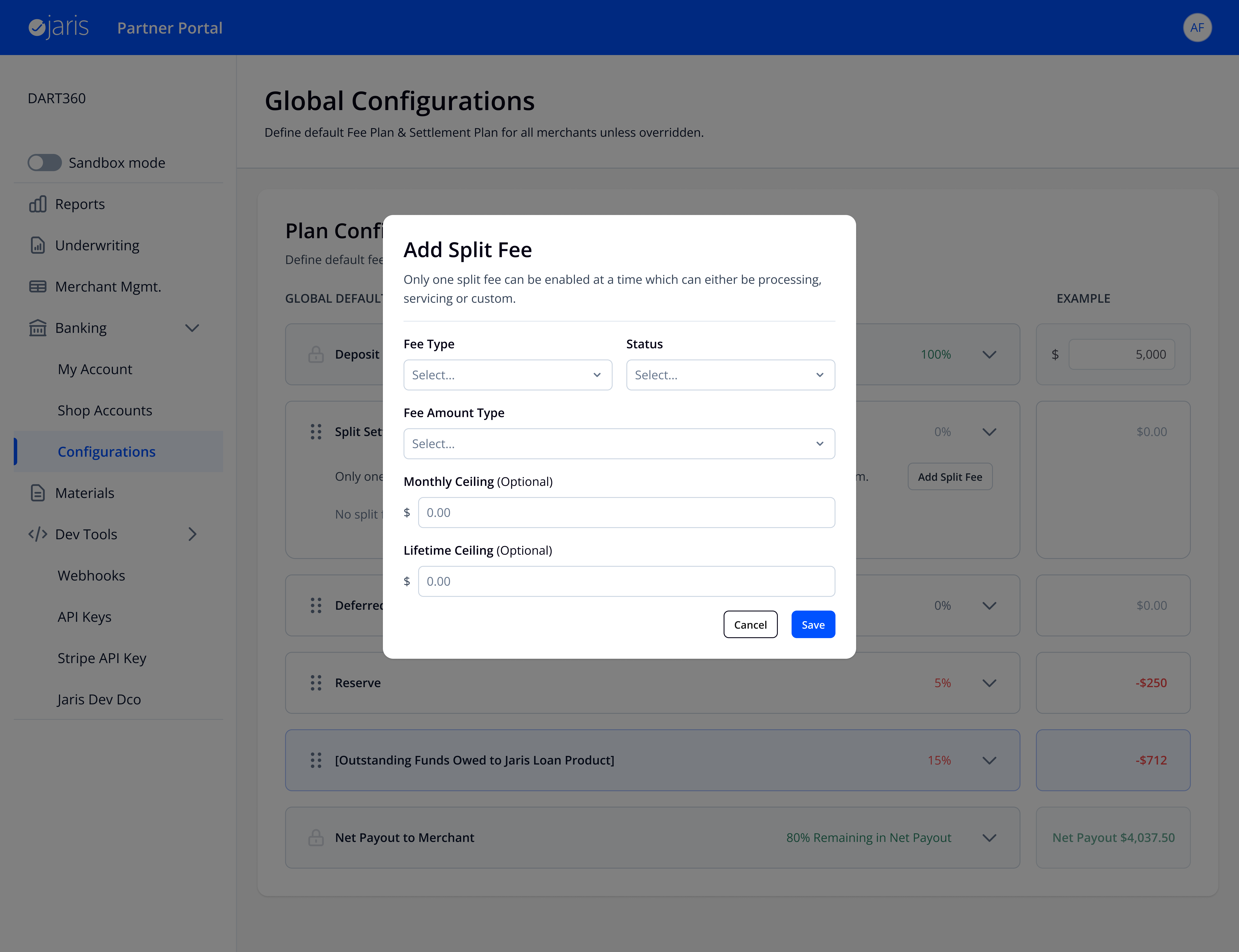 Add Split Fee modal open with real fee data, percentages, and ceilings filled in