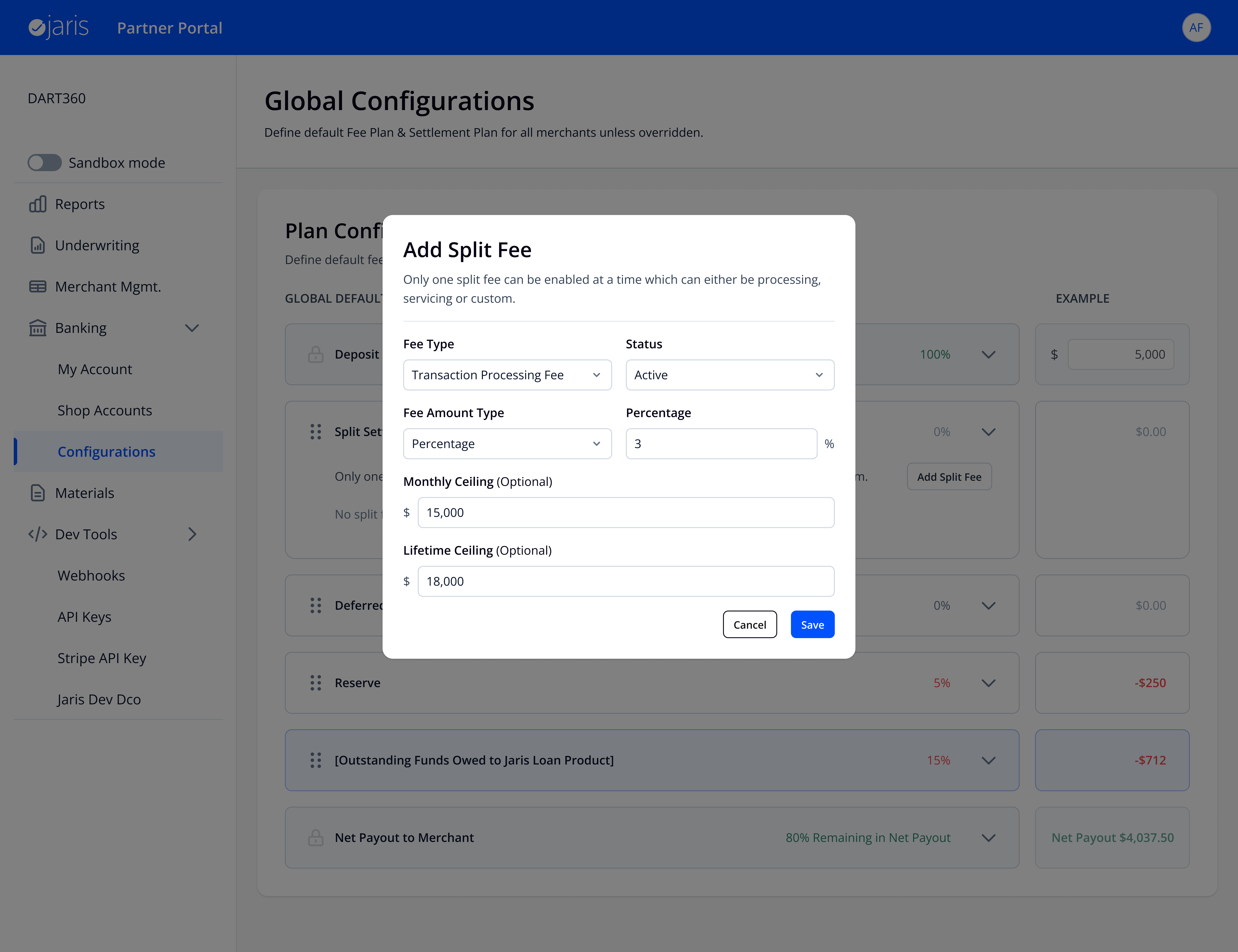 Edit Fee Plan modal with configuration fields filled in