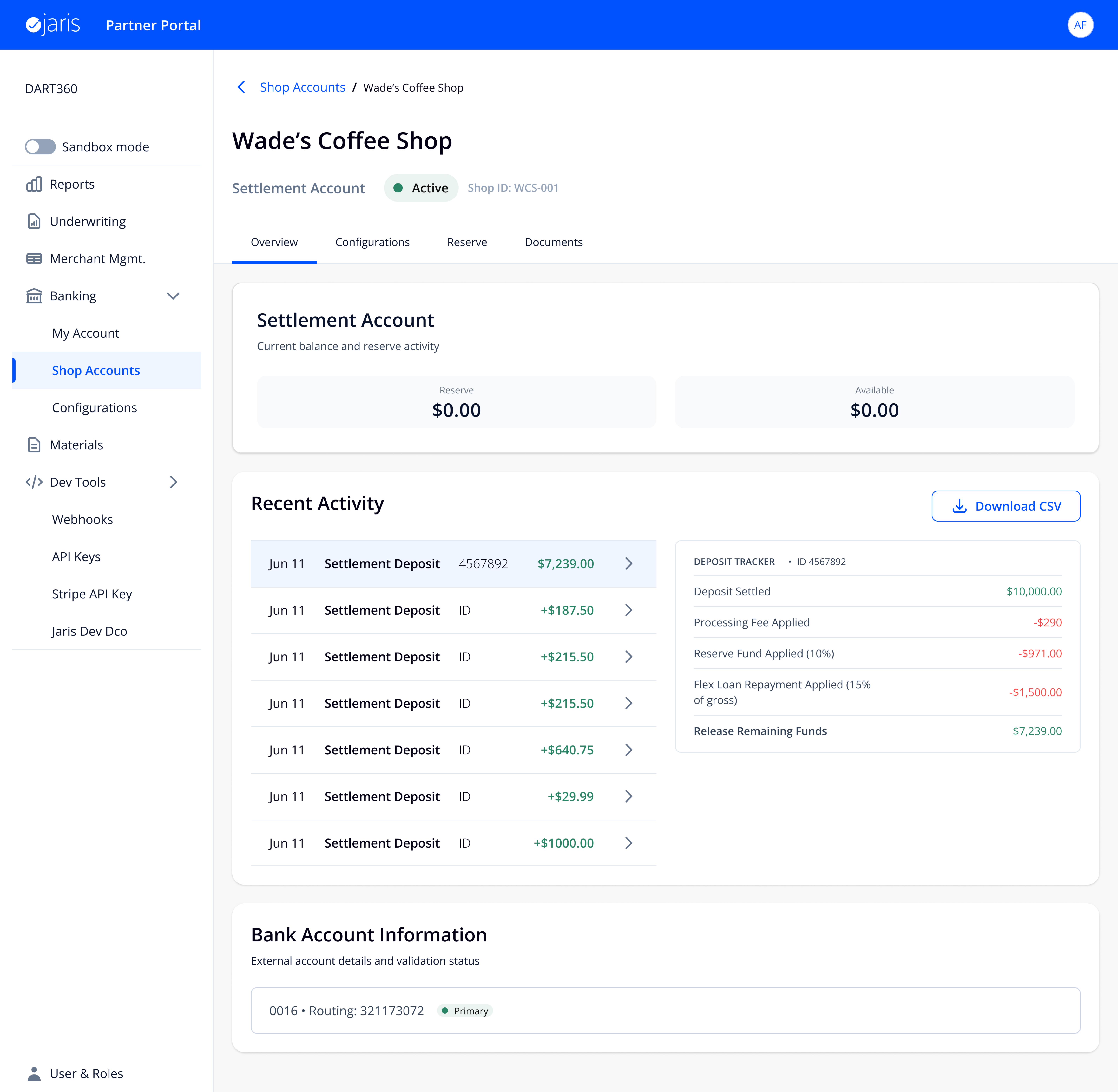 Merchant detail view with Deposit Tracker flyout showing the complete fee waterfall for a $10,000 deposit
