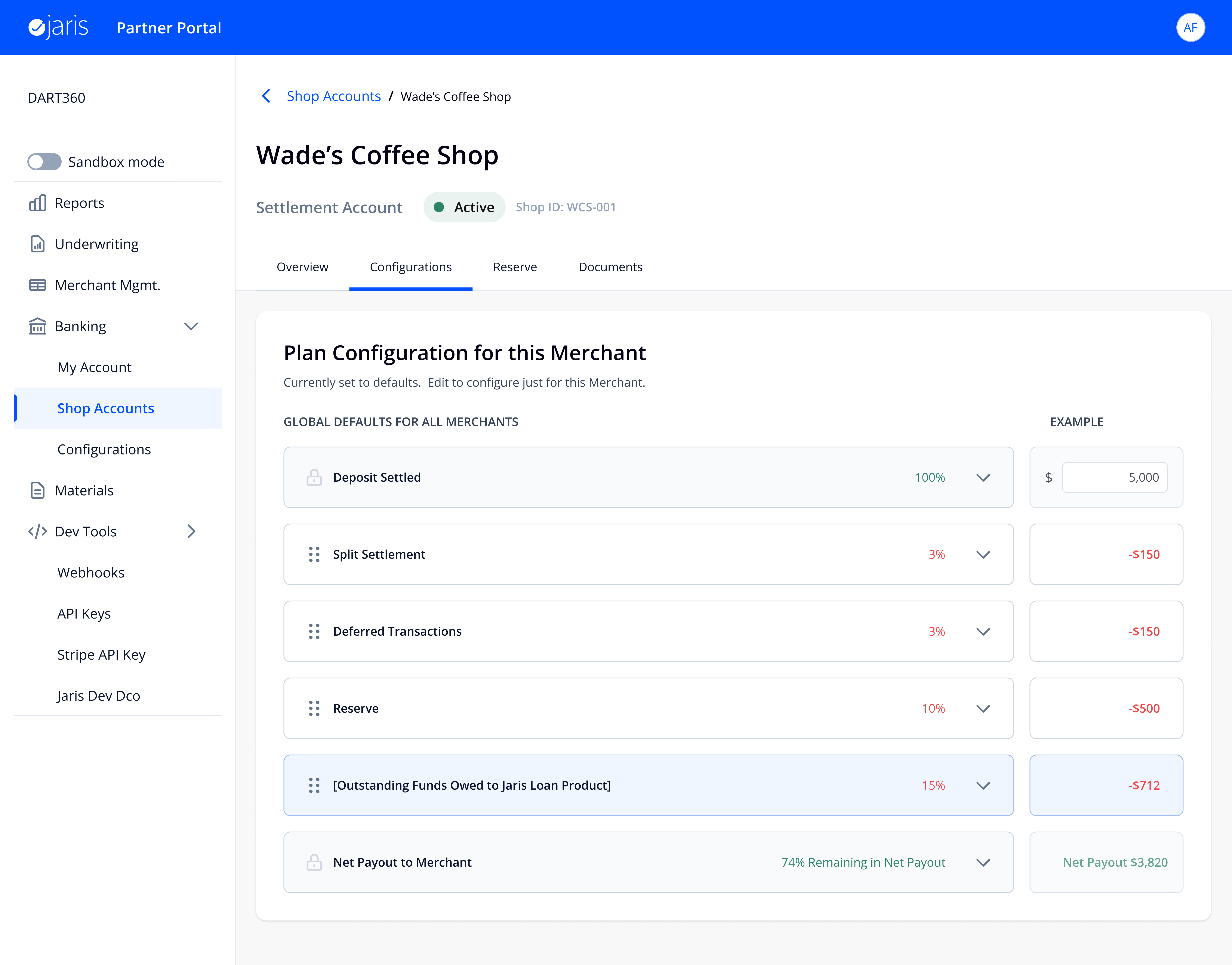 Merchant-level Configurations tab showing global defaults with option to override per merchant