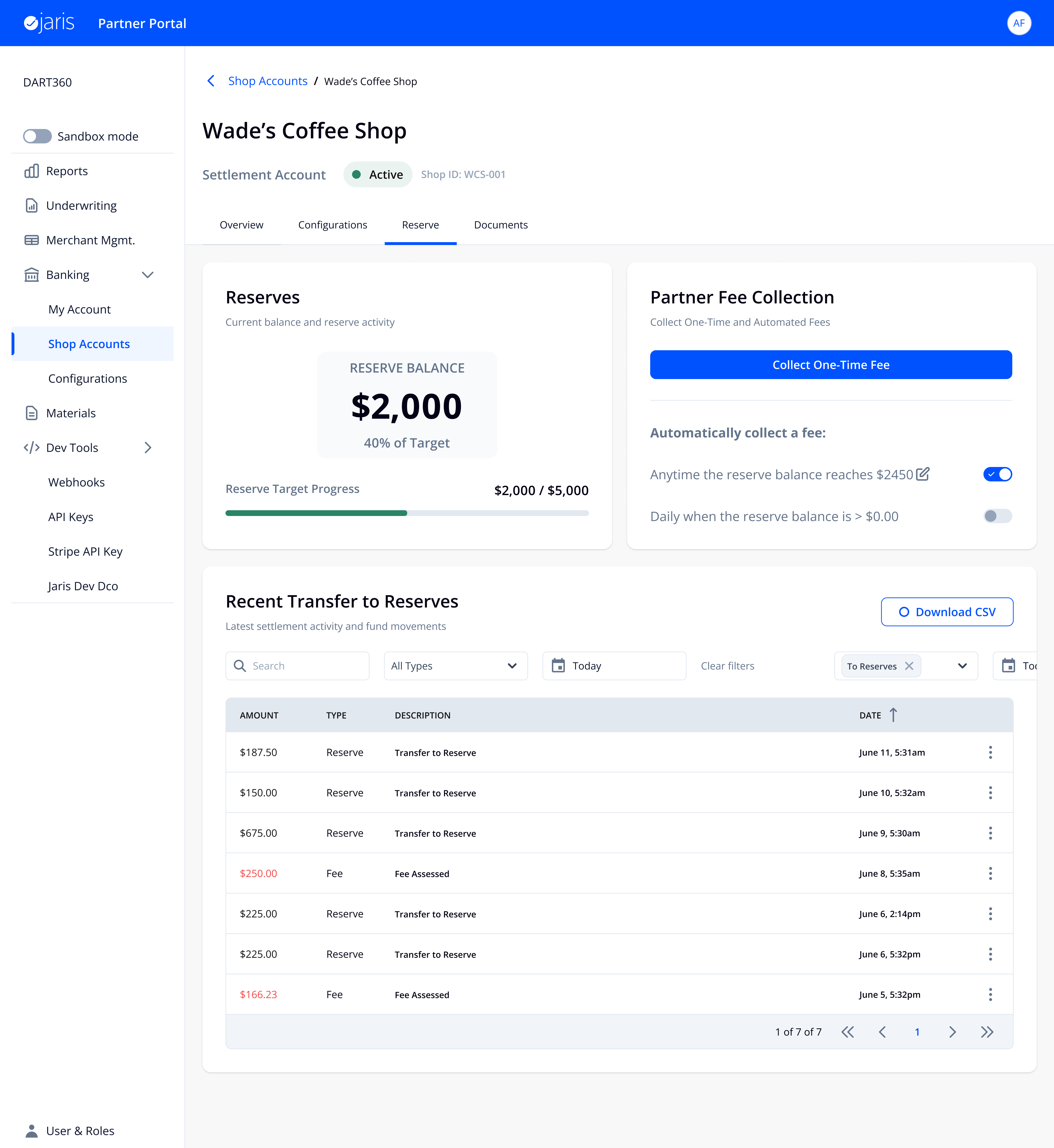 Reserve tab showing balance, target progress, fee collection controls, and filtered transaction history