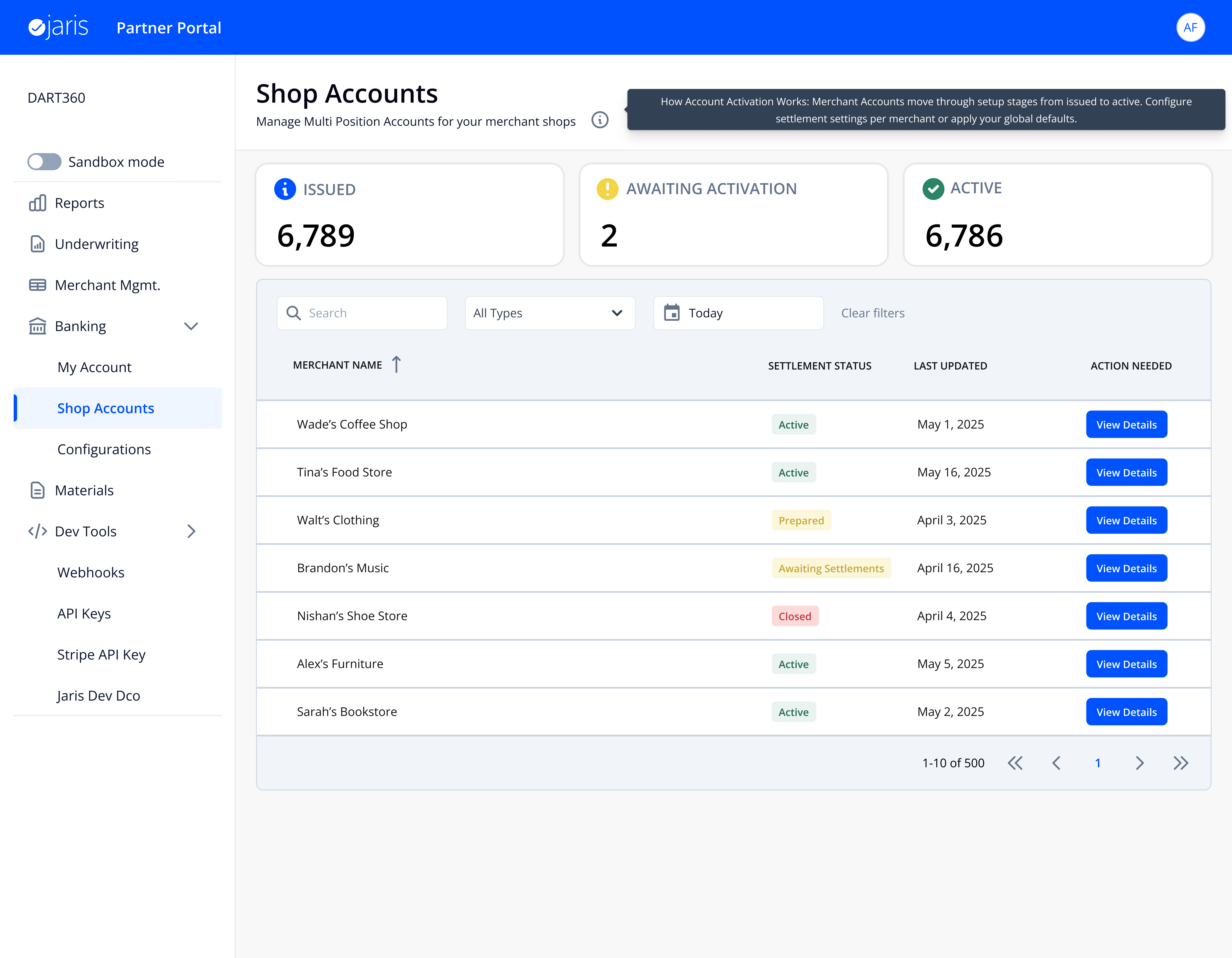 Shop Accounts dashboard showing 6,789 merchants with status badges, filters, and pagination
